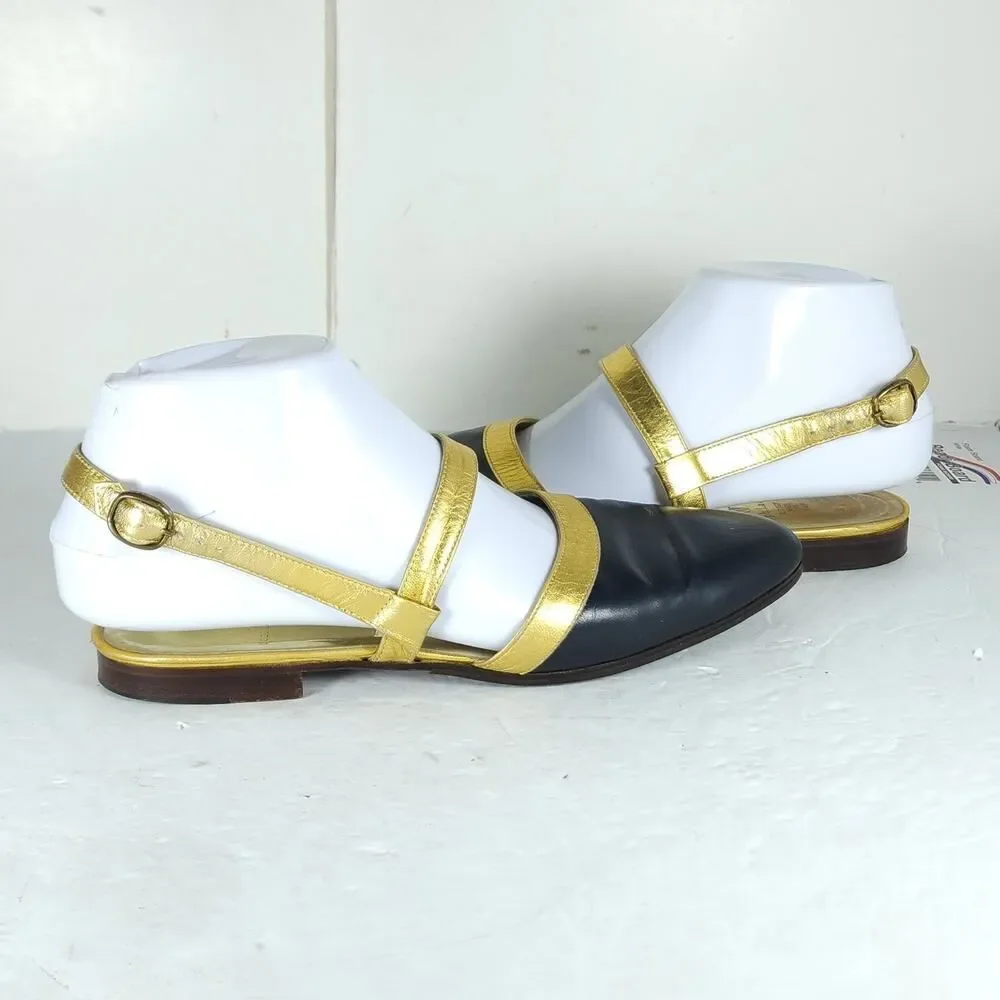 Ralph Lauren Women's Vtg US 7D Black Gold Leather Slingback Flats Sandals Shoes